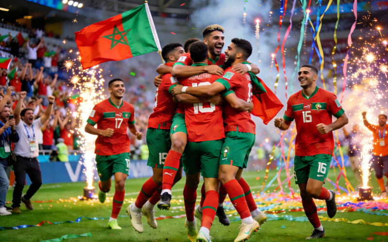 摩洛哥队创造历史庆祝时刻 - 球员们相拥庆祝进入四强